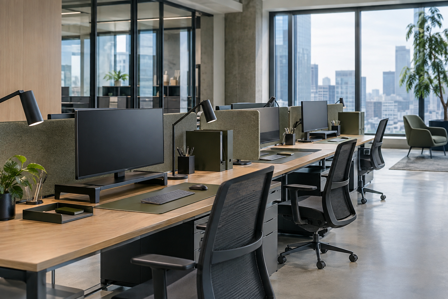 Coordinated workstations with acoustic dividers and desk accessories